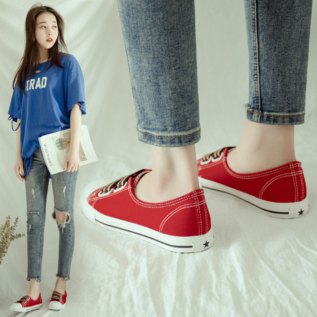 Giày mùa hè bay bằng vải canvas nữ phiên bản tiếng Hàn của kẹo màu phẳng giày thông thường dành cho sinh viên đặt giày lười chân L-757 Giày vải nữ