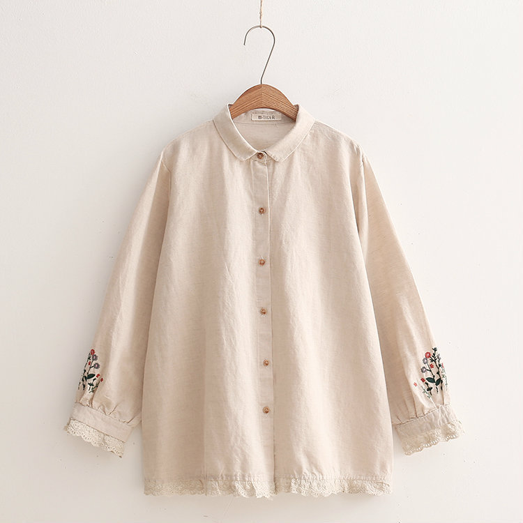 Spring New Sweet Simple Lace Cotton Linen Cuff Embroidered Loose Lapel Long Sleeve Shirt 30406