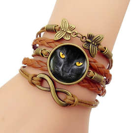 跨境电商新品 黑色猫黄色眼睛时光宝石编织手链 玻璃手链一手货源