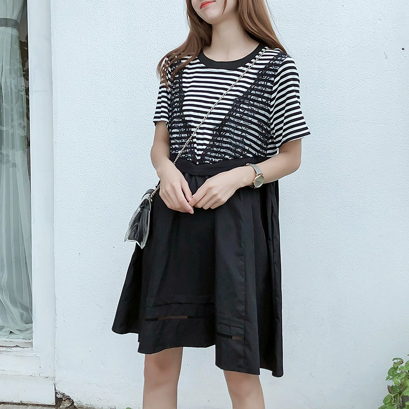 Летнее платье для беременных с короткими рукавами в полоску кружевное платье для беременных Свободное корейское платье для кукол больших размеров Модное платье для мамы