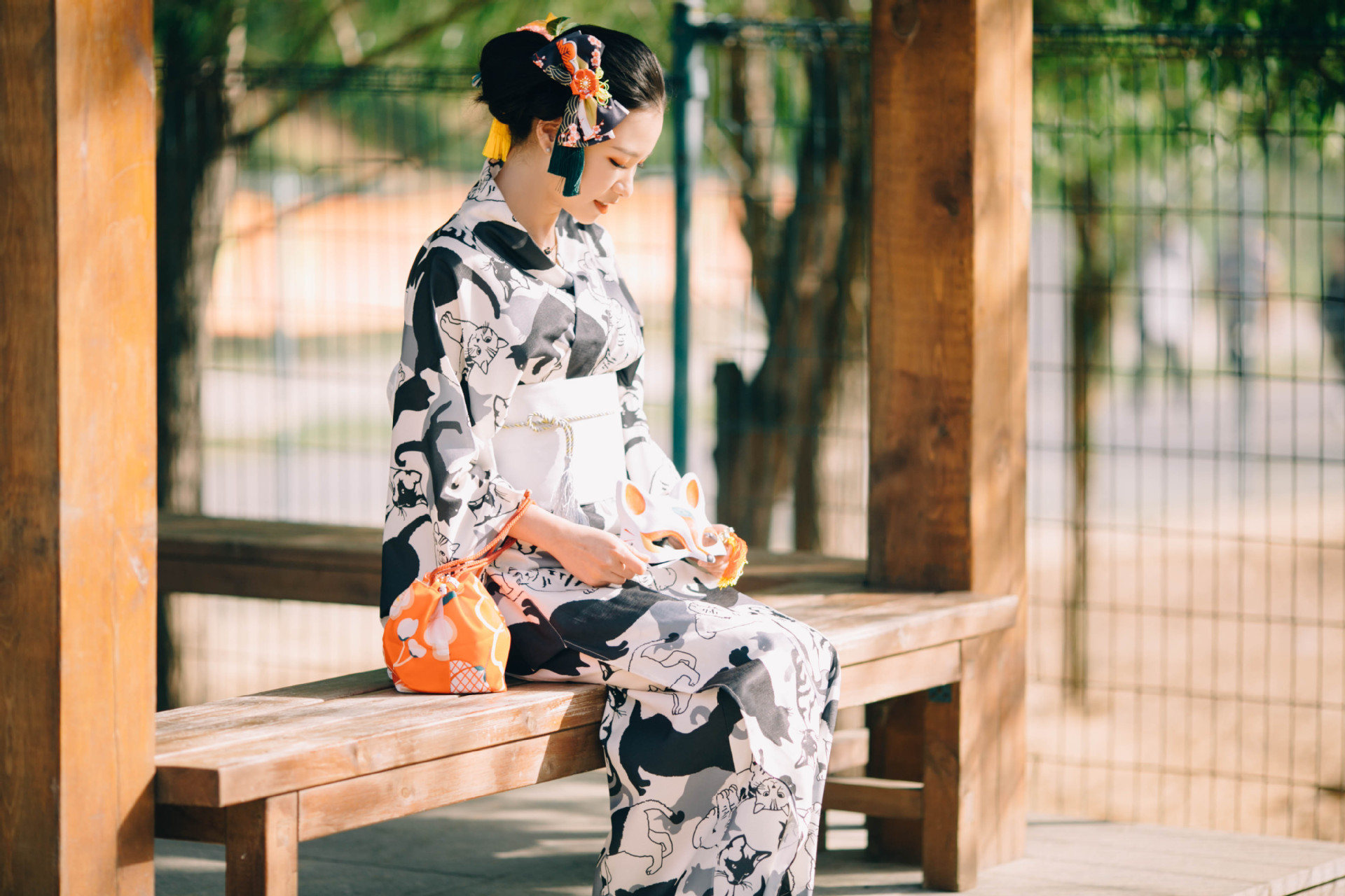 日本和服女可爱猫咪黑白色和服正装夏日祭传统和服浴衣套装