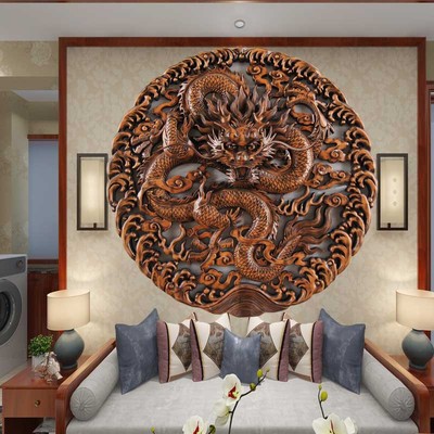 东阳木雕实木手工雕刻仿古镂空圆形龙盘祥云挂件中式玄关装修圆盘|ru