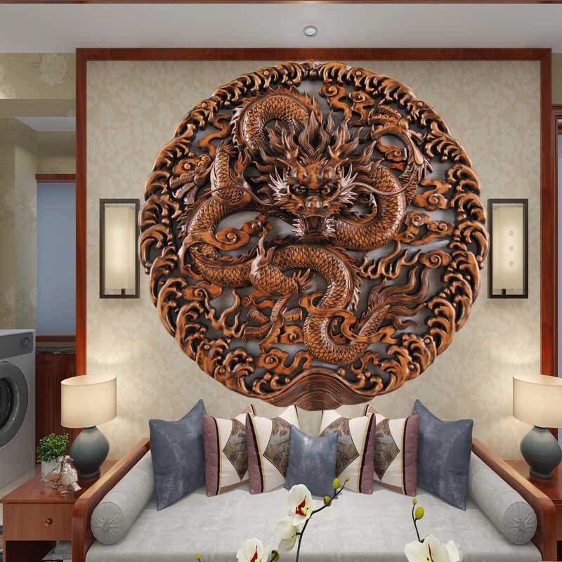 东阳木雕实木手工雕刻仿古镂空圆形龙盘祥云挂件中式玄关装修圆盘|ru