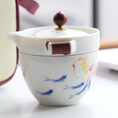 Portable Outdoors Travel Bag for Hand-painted Dehua White Porcelain Gongfu Tea Set with Fast Travel Mug and Three Cups, Business Gift Set