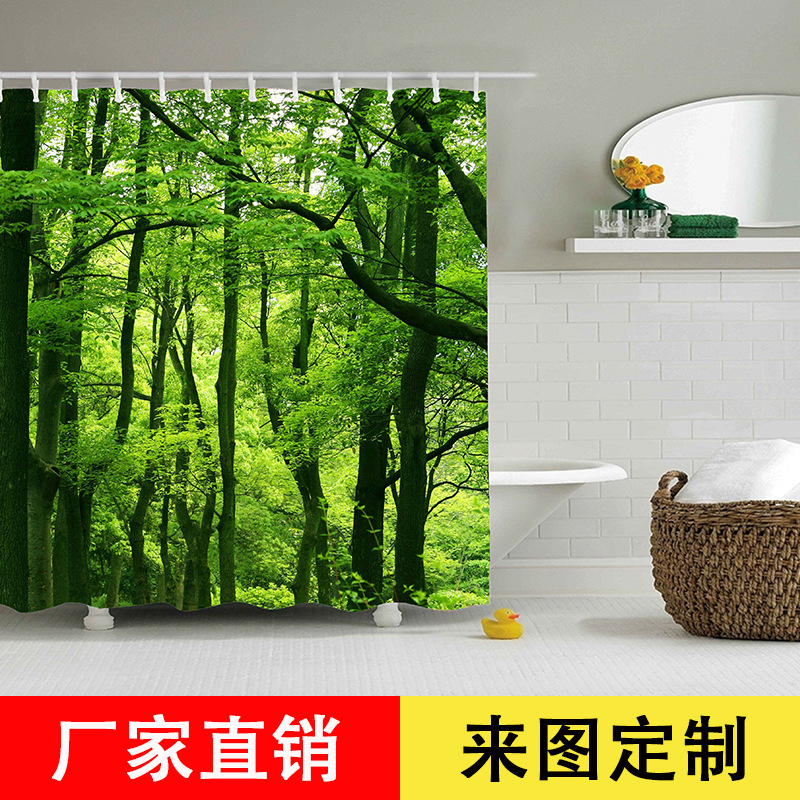 酒店数码印花浴帘 绿树林3D数码印花防水防霉浴帘 厂家直销 外贸