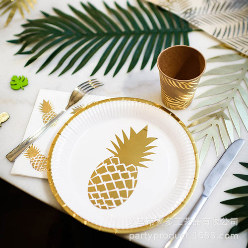 New hot stamping pineapple white disposable tableware paper plate paper cup tissue set adult party wedding decoration