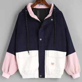 2018韩版学院风学生BF宽松拼色连帽棒球服灯芯绒工装外套女 现货