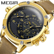 跨境款美格爾megir手表男士 時尚雙時機芯多功能真皮石英手表2093
