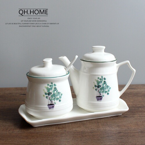 Nordic plant ceramic oil pot oil tank with lid oil bottle kitchen supplies seasoning bottle soy sauce pot vinegar pot seasoning bottle set