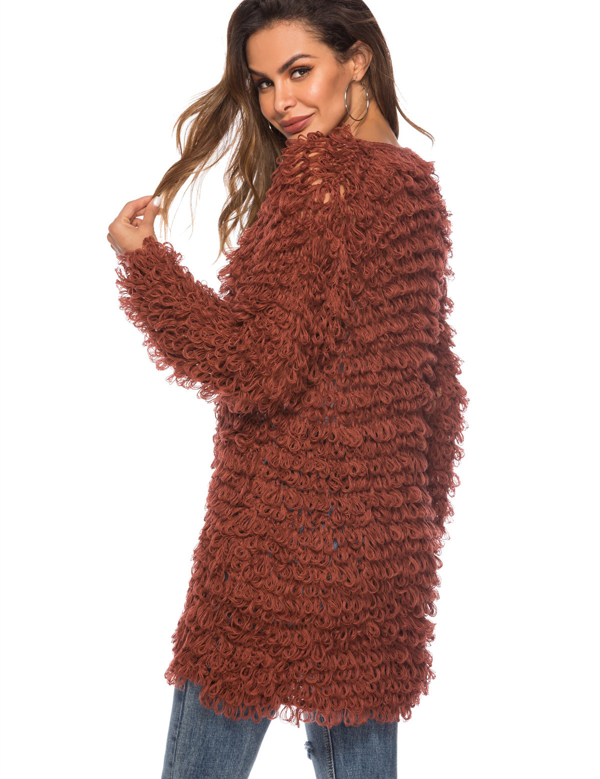 2019新款秋冬款跨境毛衣手勾针织圈圈毛中长款针织衫毛衫女