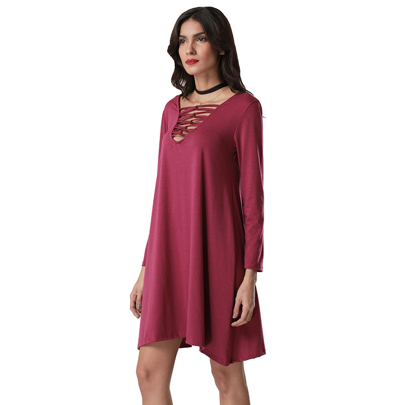 Solid Color Dress Sexy Deep V Neck Lace Up Design Long Sleeve Perfect for Parties and Events Wholesale Available