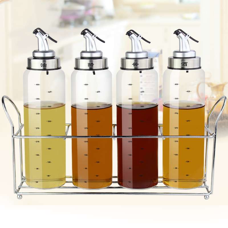 Engrasador de vidrio botella de aceite traje vinagre olla condimento caja condimento tarro hogar suministros de cocina con estante de almacenamiento