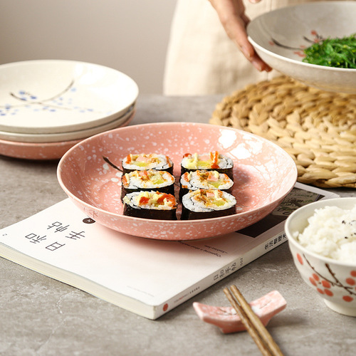 Creative 8-inch Japanese plum blossom hand-painted underglaze round ceramic tableware for home snacks, soups and rice plates