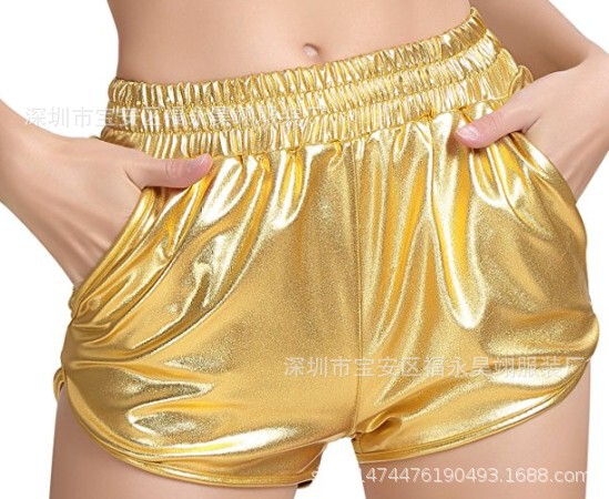 Cross-border European and American women's casual shorts soft elastic high waist solid color pocket bright leather shorts spot