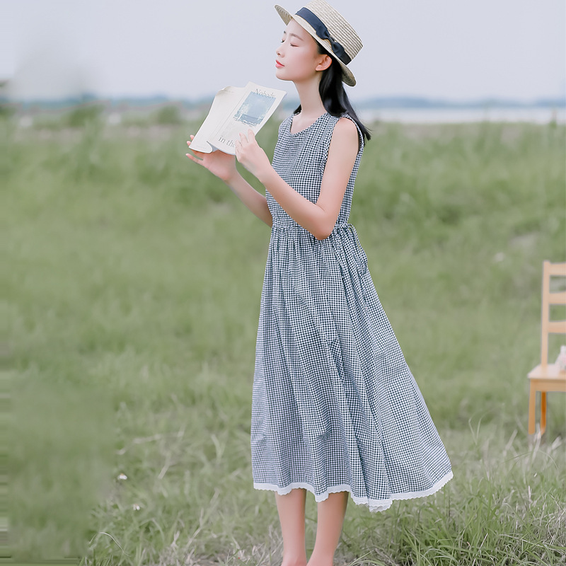 2018夏季新款女装连衣裙经典格子系带A字连衣裙