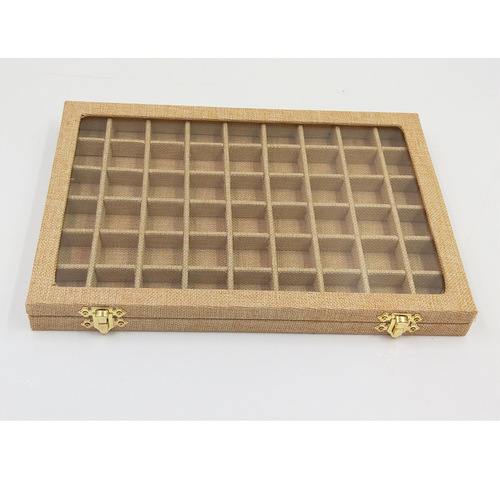 Large burlap jewelry box, nail art jewelry display box with glass lid jewelry trinket storage box
