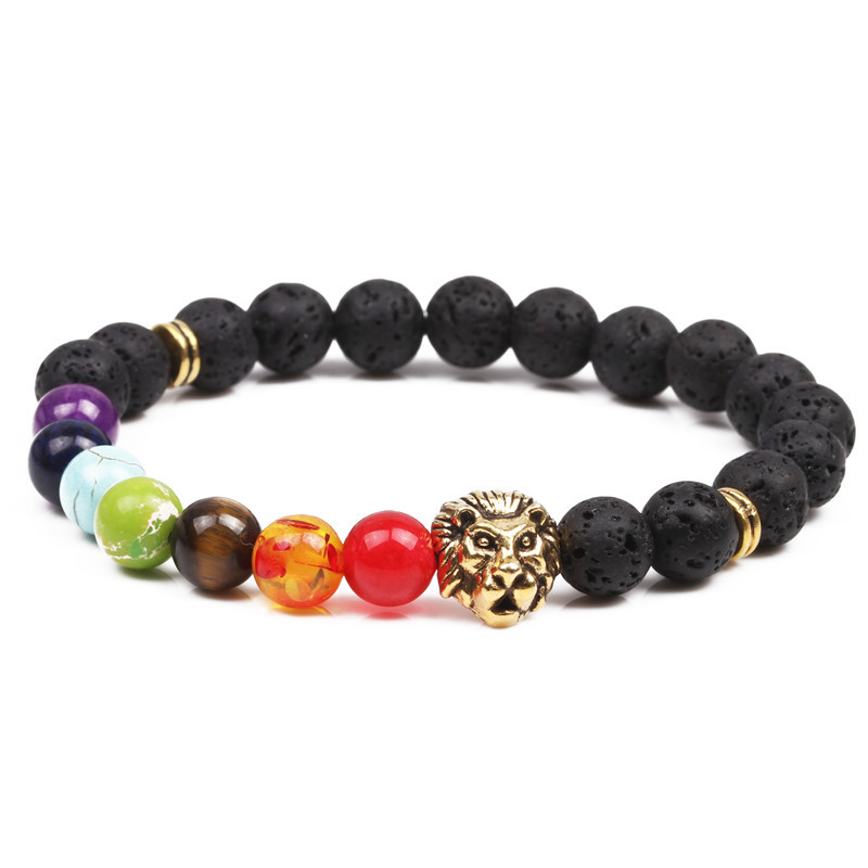 Natural stone colorful chakra energy yoga bracelet 8mm volcanic stone lion head bracelet