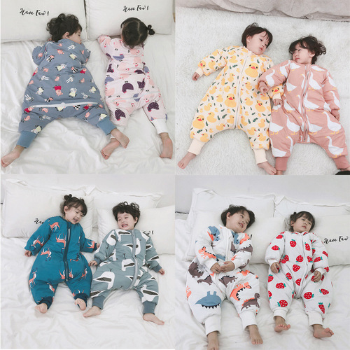 Children's winter sleeping bag, baby's pure cotton anti-kick quilt, split-legged baby's extra-large thickened quilted cartoon one-piece pajamas