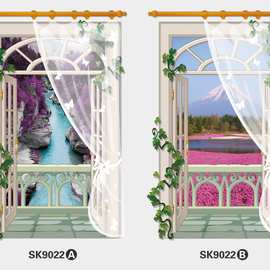 创新窗户风景装饰画 跨境新款竖纱窗假窗环保贴纸 卧室客厅墙贴