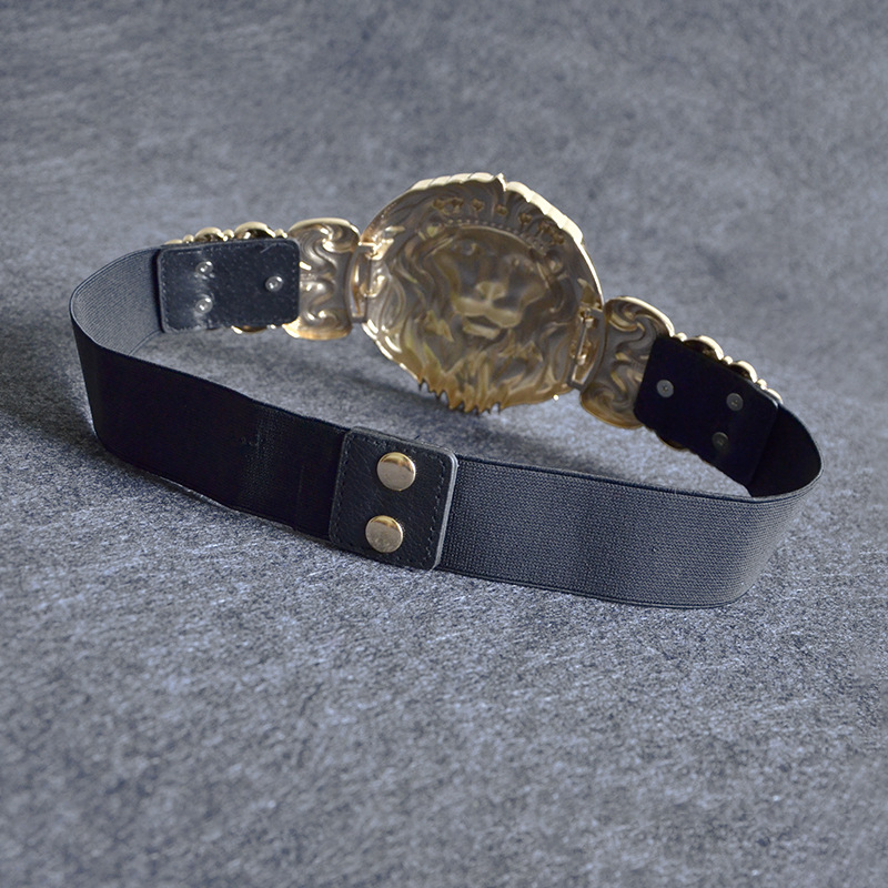 European And American Women's Gold Lion Head Waist Seal Metal Head Elastic Belt Spot Wholesale