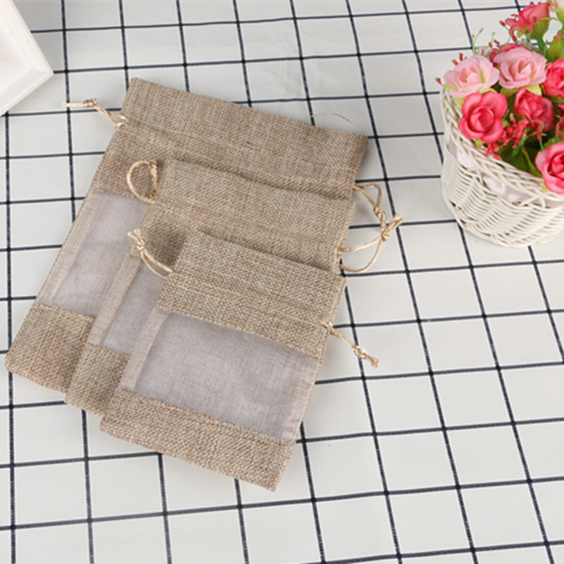 Bolsa de lino ventana lateral bolsa de lino malla bolsa de almacenamiento de cosméticos costura bolsa de malla de cordón de lino