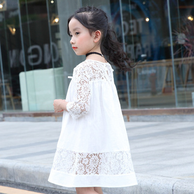 2018 mùa xuân và mùa hè mô hình cô gái ăn mặc thời trang Hàn Quốc phiên bản của bảy tay áo công chúa váy cotton dệt chiến đấu ren trẻ em váy