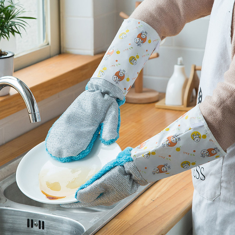 冬季纤维加厚去污洗碗手套创意厨房家务接袖双层加绒防水加长手套|ms