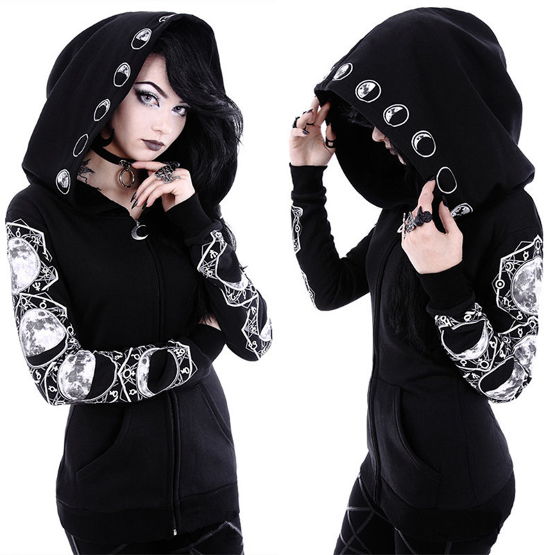 Punk Peng Hooded Moon Print Black Long Sleeve Sweatshirt_voghion.com