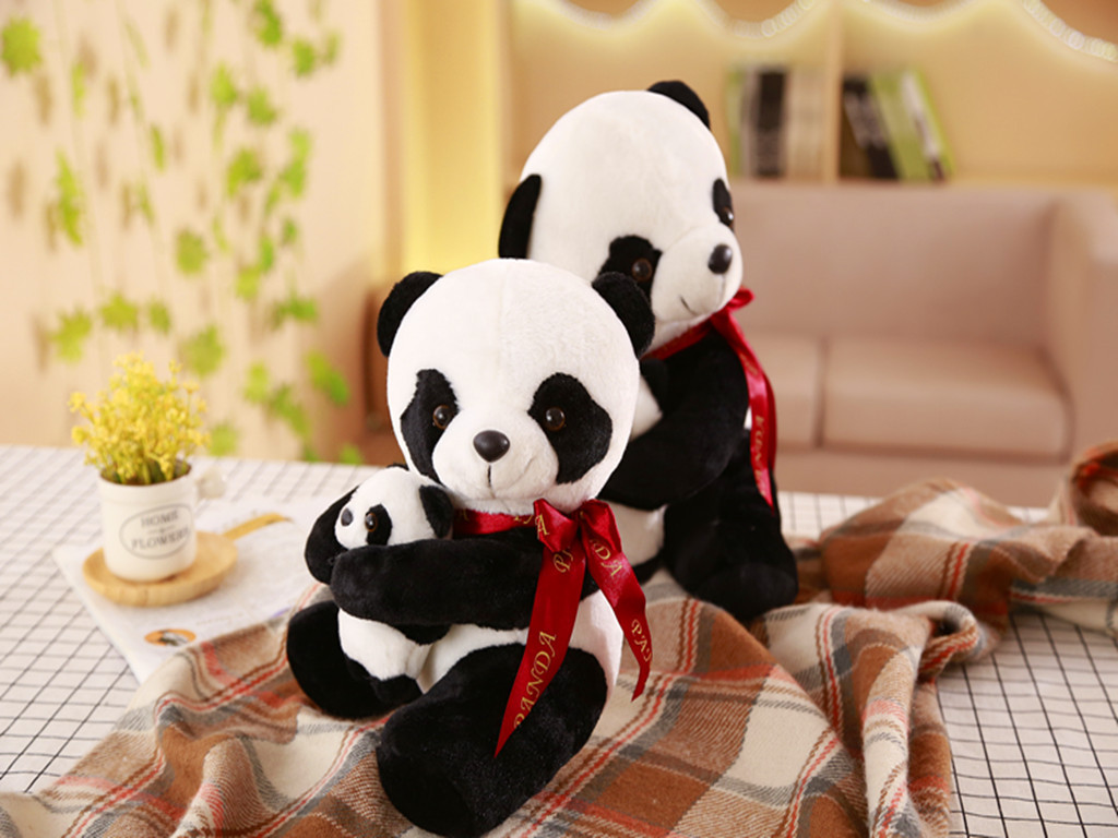 毛绒玩具熊猫公仔,熊猫抱抱熊,丝带亲子熊猫