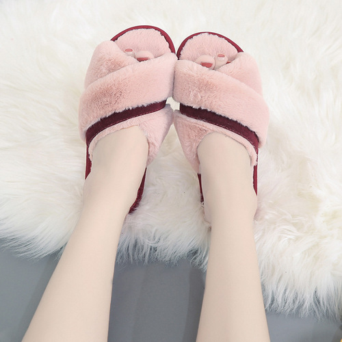 New Korean style cross fur slippers for women autumn color matching winter indoor plush floor slippers open toe slippers cotton slippers