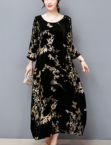 2021夏夏黑色金丝绒连衣裙女桑蚕丝混纺复古印花宽松大摆连衣裙