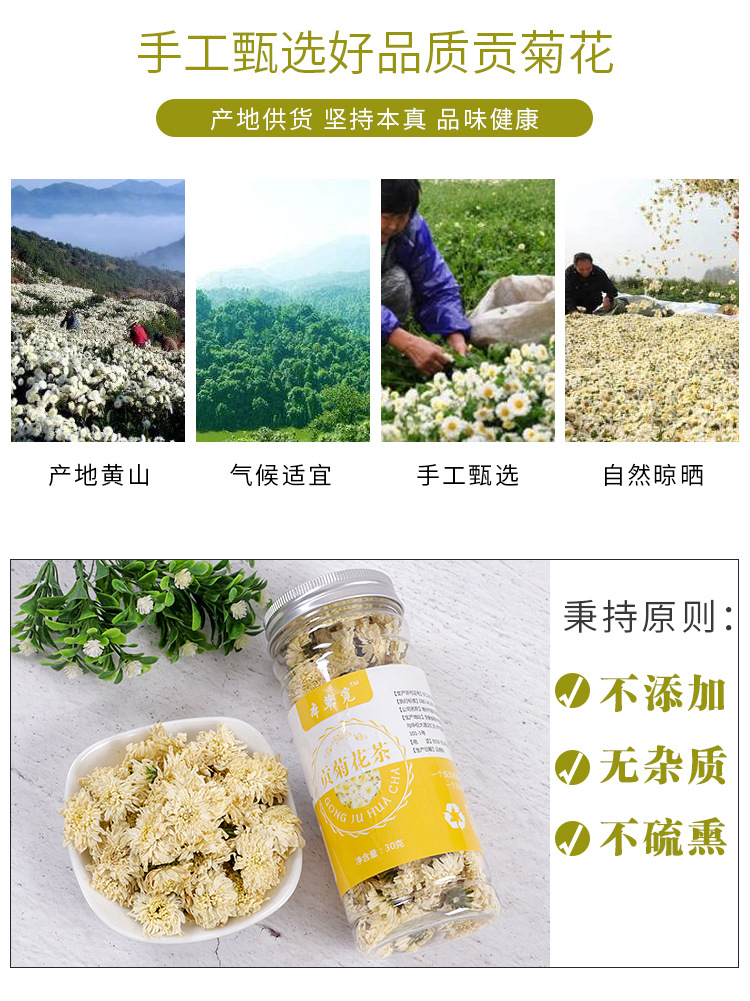 Huangshan Gong Ju (Chrysanthemum morifolium) — Dried Tribute Chrysanthemum Flower Tea, 50g Jar overview