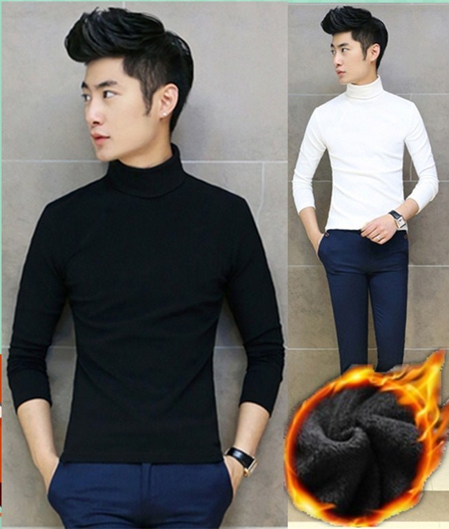 Otoño e invierno forro polar engrosado de cuello alto de los hombres camisa de fondo de manga larga delgada de color sólido de Cuello medio Camiseta de manga larga ropa de otoño cálido