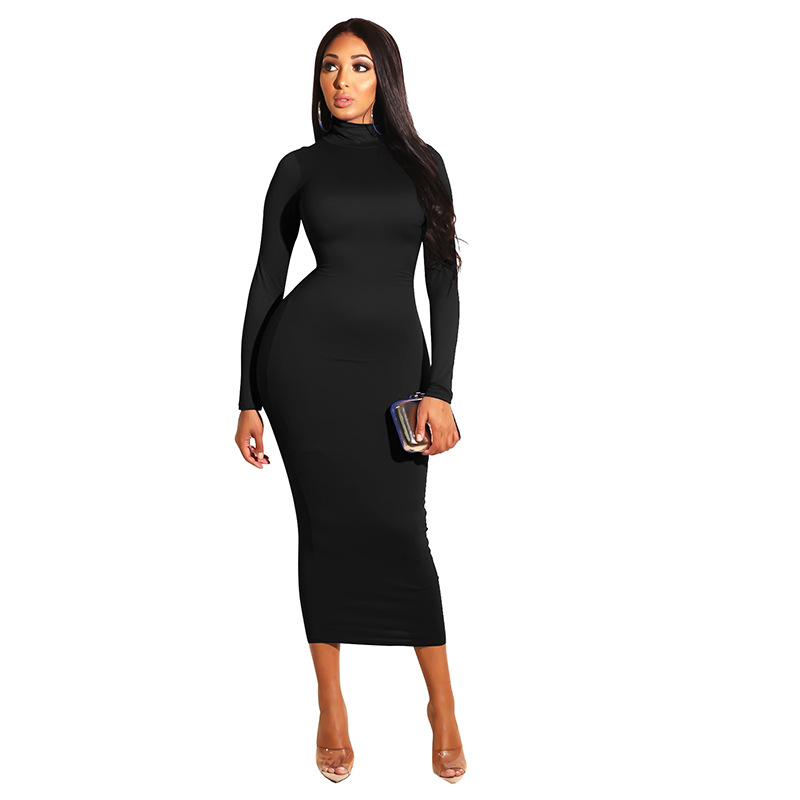 Solid Color High Neck Long-Sleeved Sheath Dress NSHWM109364