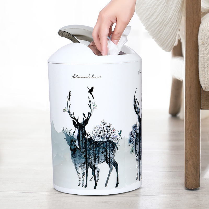 European Style Rocking Lid Trash Can Creative Printed Household Bathroom Living Room Toilet Toilet Waterproof Trash Can with Lid