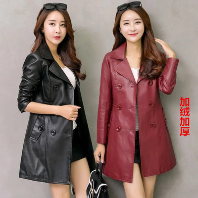 皮衣女中长款显瘦胖mm秋冬装大码女装机车皮衣加绒加厚外套修身潮