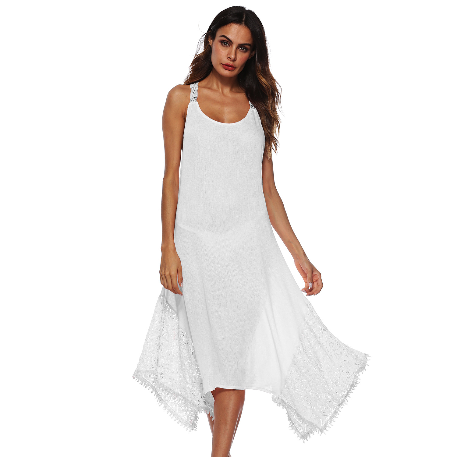 Backless Lace Trimmed Maxi Dress Crossed Straps Irregular Hem Elegant Design Perfect for Evening Events Wholesale