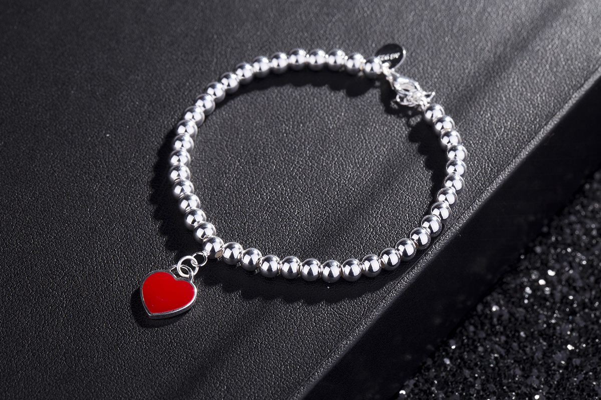 Stone-Free Inlay Material Bracelets Classification Beaded Chain Material 1 Piece 925 Sterling Silver Peach Heart Shape Bracelets