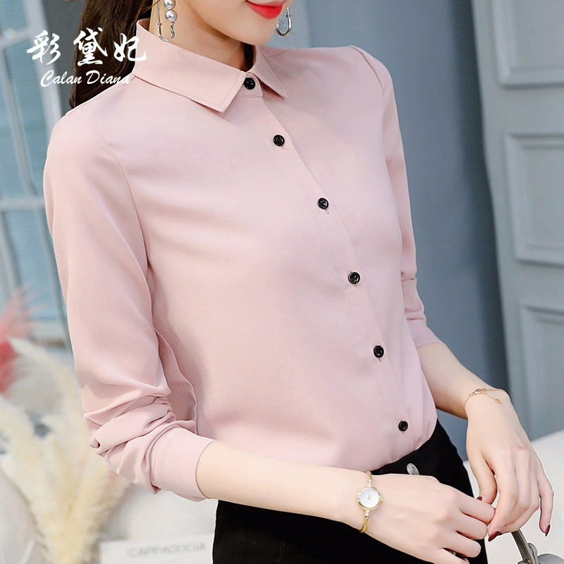 Новая женская шифоновая рубашка Cai Dai Fei весна-лето 2025 в корейском стиле, однотонная, с длинным рукавом, стройнящая, модная, больших размеров, повседневная