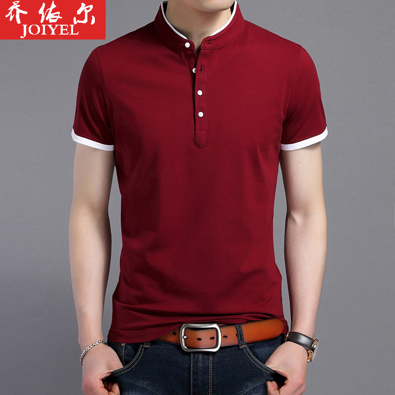 乔依尔立领夏季短袖T恤男薄款修身polo衫青年纯色纯棉上衣批|ms