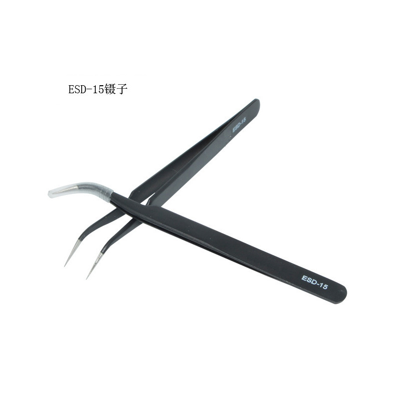 厂家直销高精密加硬不锈钢镊弯嘴 ESD-15防静电镊子黑色