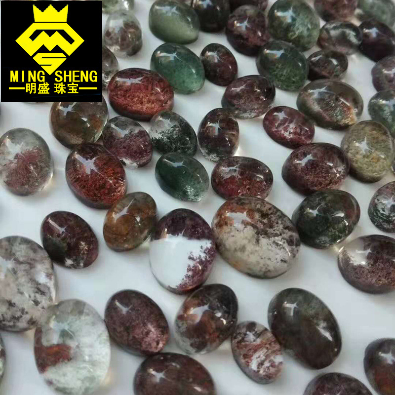 工廠批發 天然綠幽靈裸石戒面925銀鑲嵌異像彩幽靈戒指蛋面飾品