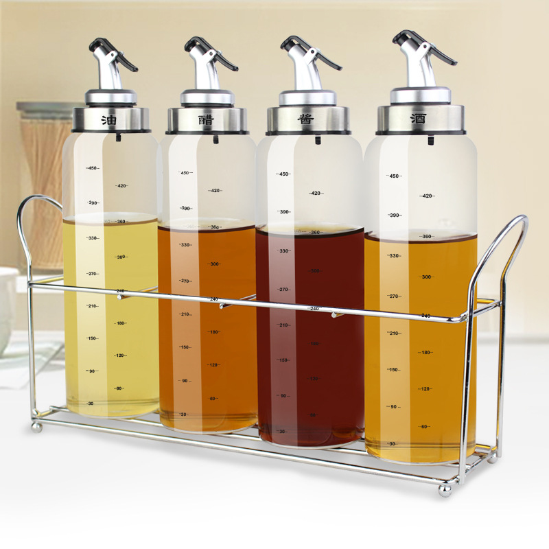 Engrasador de vidrio botella de aceite traje vinagre olla condimento caja condimento tarro hogar suministros de cocina con estante de almacenamiento
