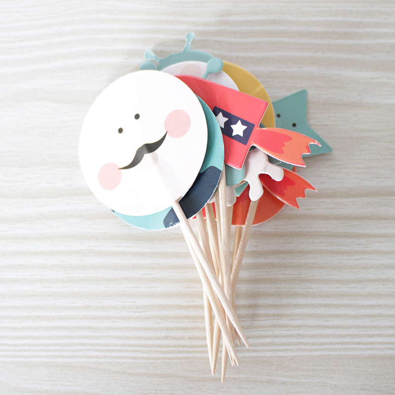 火箭月亮星星外星人狗狗蛋糕插旗插卡