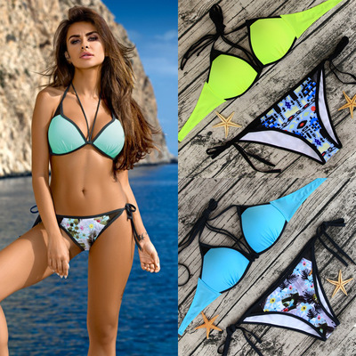 2018爆款速卖通、亚马逊印花拼接网纱性感系带分体加肥S-2XL泳衣