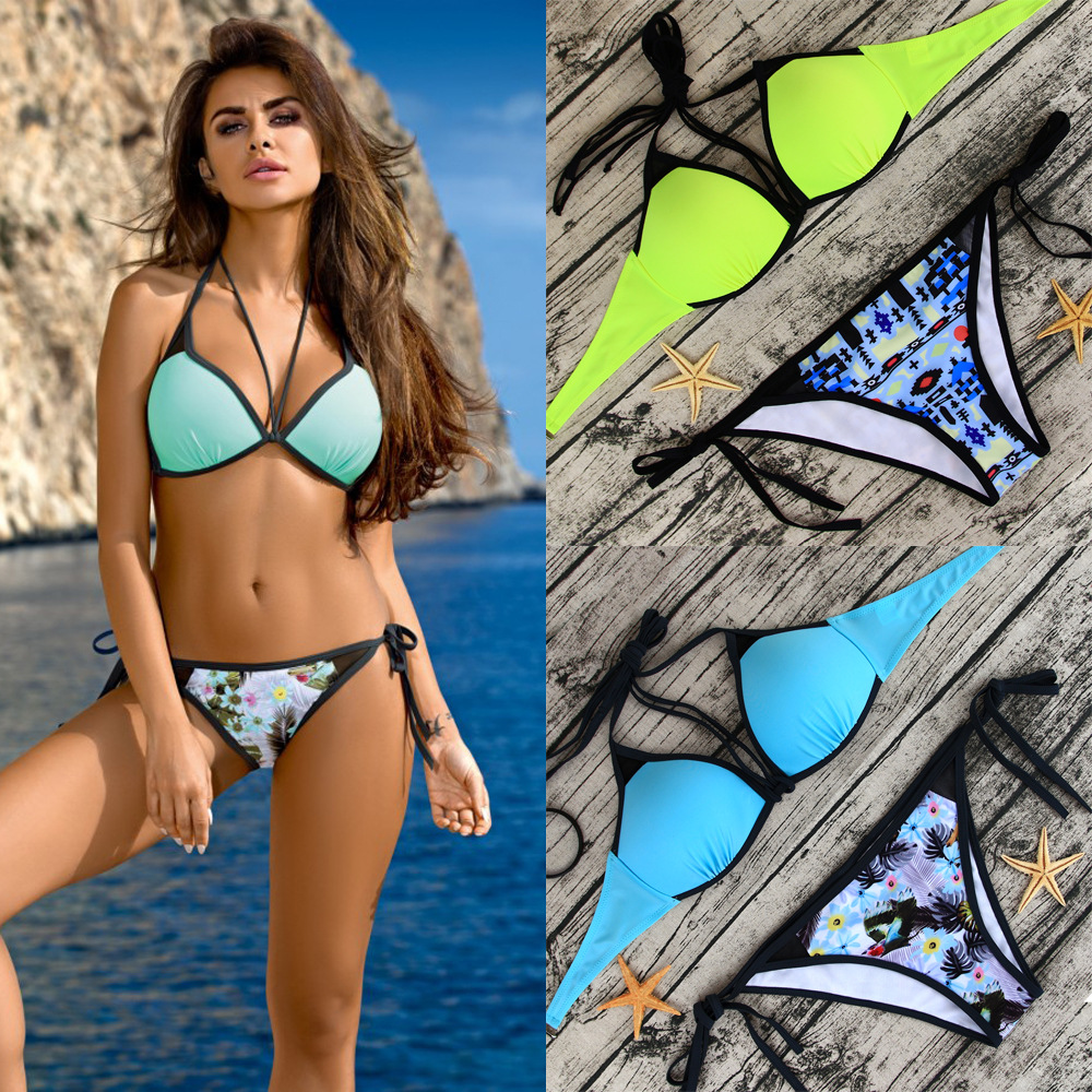 2018爆款速卖通、亚马逊印花拼接网纱性感系带分体加肥S-2XL泳衣