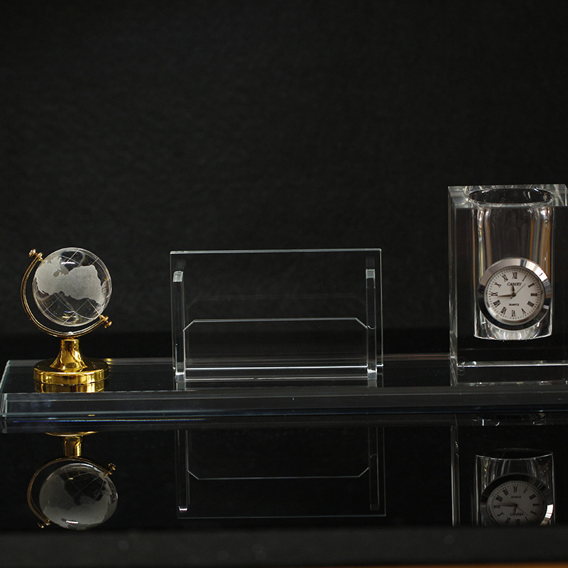 地球仪款水晶笔筒三件套 笔筒万年历办公室摆件 活动礼品商务送礼