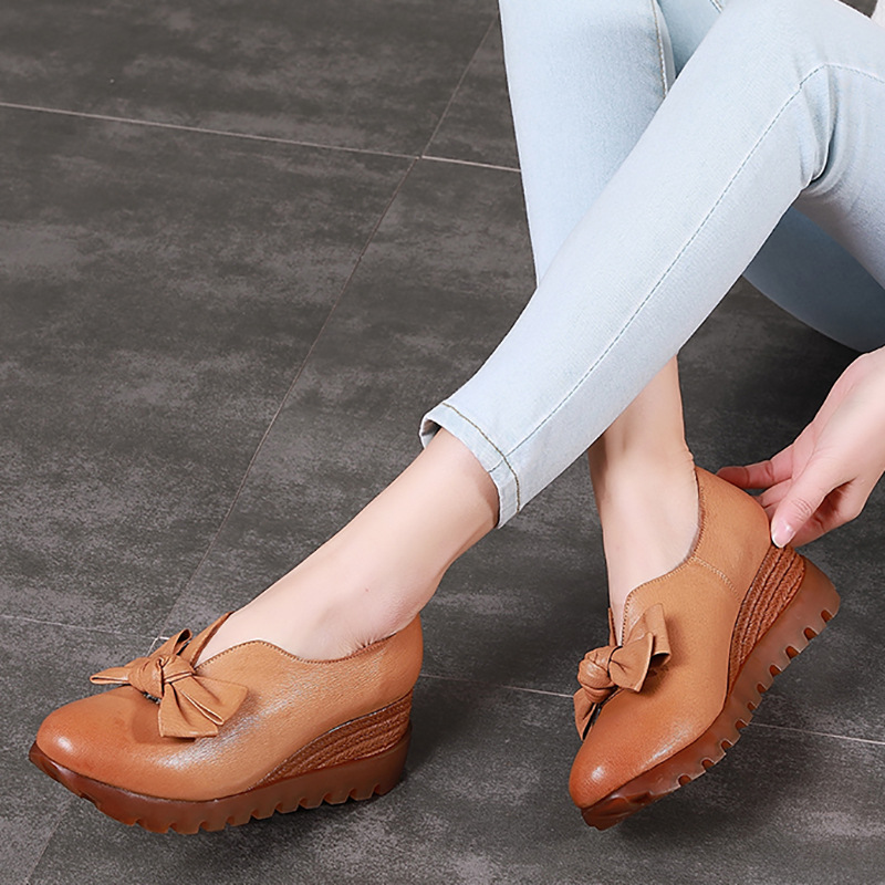 2018新品春季森女坡跟真皮蝴蝶結頭層羊皮防滑圓頭原創女單鞋