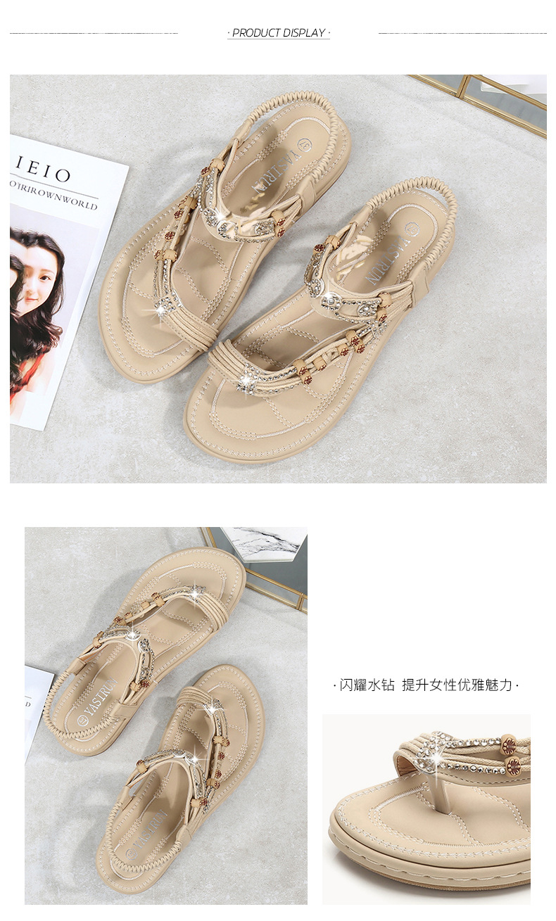 Plus-size women's shoes, Bohemian sandals, retro rhinestone beaded sandals, round-toed flat sandals, and cowhide soft-soled shoes undefined