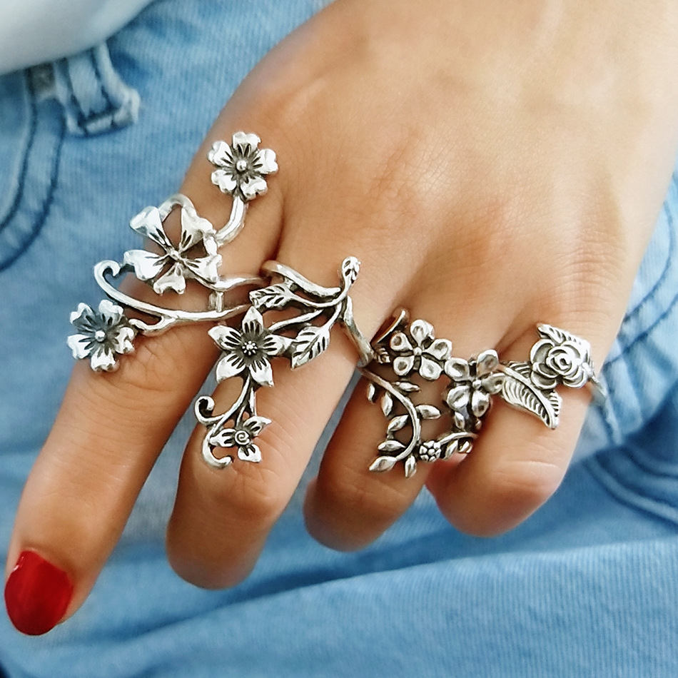 欧美时尚个性古银镂空雕花4件套戒指套装树叶五瓣花四件套戒指